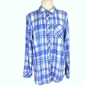 Bit & Bridle Shirt Top Women XL Blue Plaid Button Up Long Sleeve Cotton Rayon
